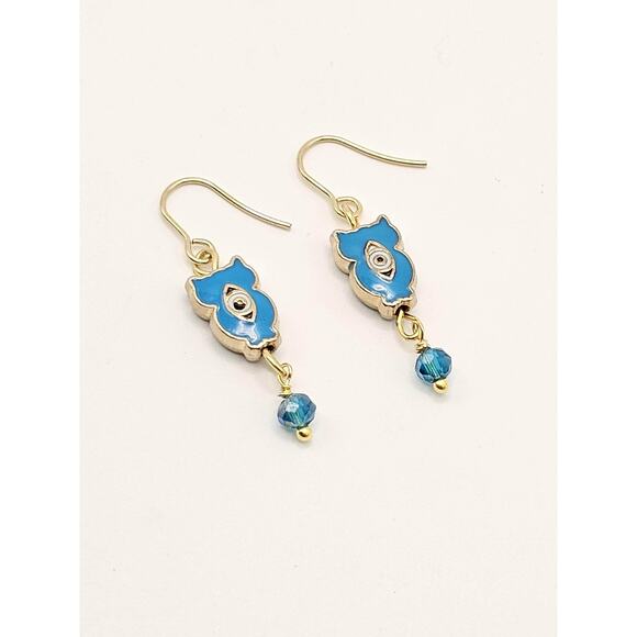 Teal Blue Enamel Owl Earrings Evil Eye Drop Hypoallergenic Gold Plated Hook - Picture 3 of 6